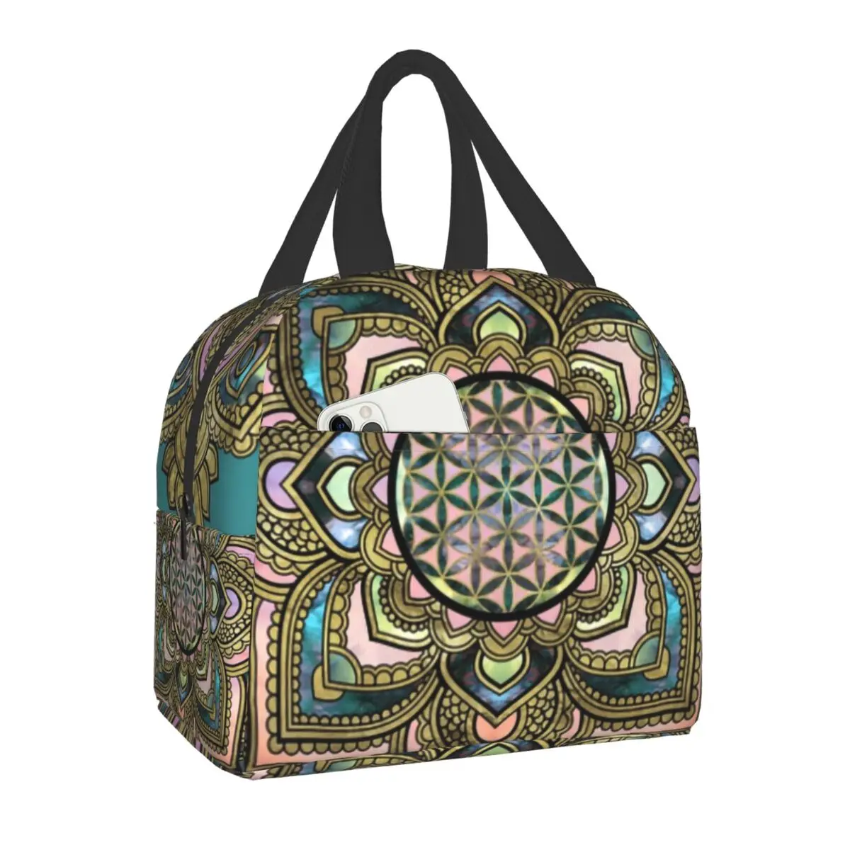 

Flower Of Life In Lotus Marble And Gold Resuable Lunch Box for Women Waterproof Mandala Pattern Food Insulated Lunch Bag Office