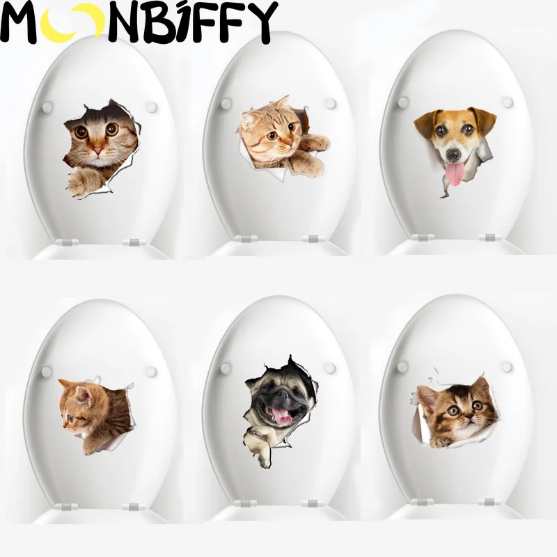 

3d Toilet Seat Lid Fridge Stickers Cats Decoration Wall Stickers Cartoon Self-Adhesive Toilet Cover Dogs Breaking The Wall