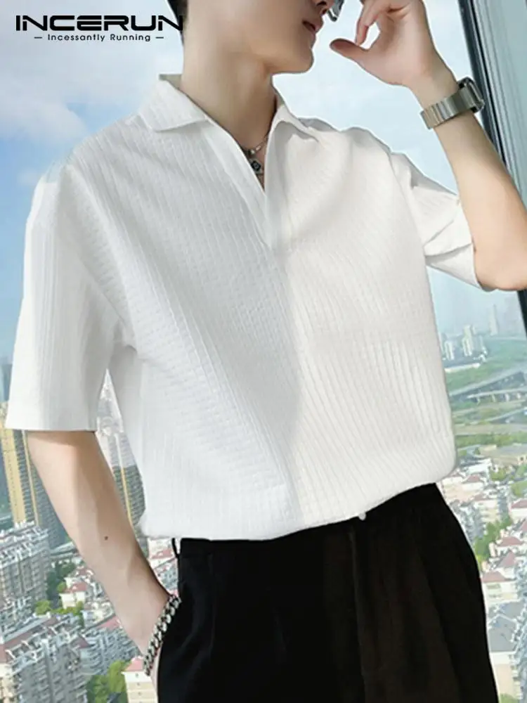 

INCERUN Men Shirt Solid Color Lapel Summer Short Sleeve Men Clothing 2022 Streetwear Korean Style Fashion Casual Shirts S-5XL