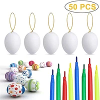 50pcs diy painting easter egg hanging pendant plastic white eggs with rope 8 color pencils craft easter decor gift toys for kids