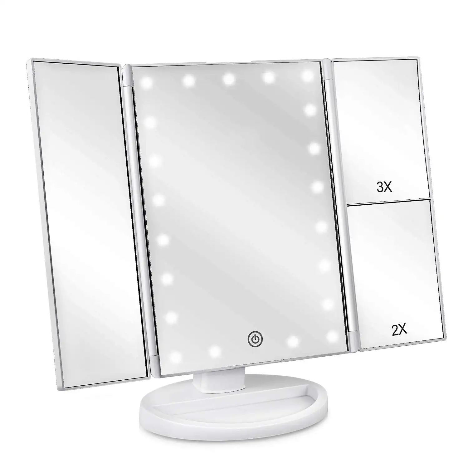 

Tri-Fold Lighted Vanity Mirror with 21 LED Lights, Touch Screen and 3X/2X/1X Magnification, Two Power Supply Modes Make Up Mirro