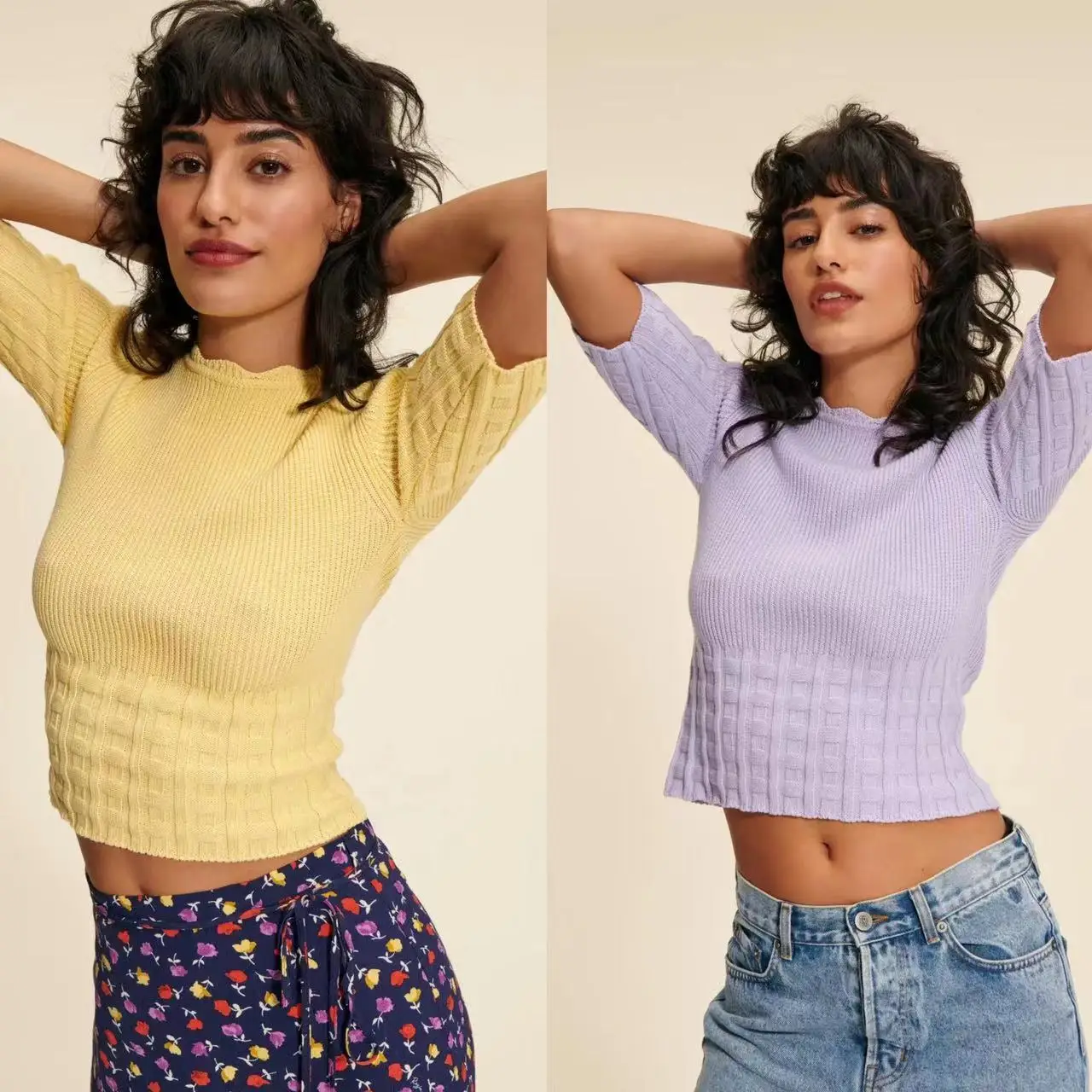 

2023 Summer Women Stretch Sweater Rib Purple or Yellow Short Sleeve Slim Female Pullover