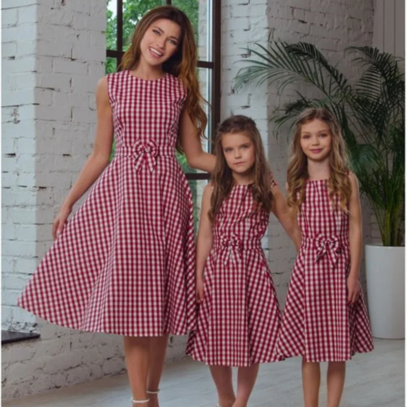 

Fashion Sundress Sleeveless Plaid Bow-knot Back Zipper Mini Dress Mother and Daughter Clothes Mom and Daughter Dress