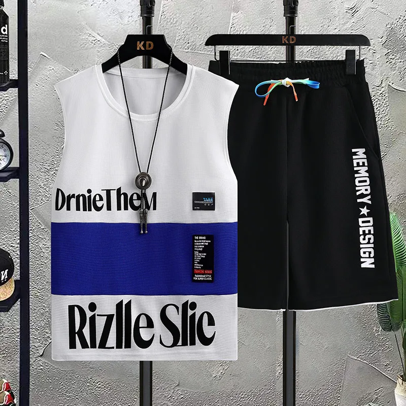 Live Broadcast Popular Sleeveless Vest Sportswear Suit Men's Summer Casual Running Summer Waffle Shorts T-shirt Men's Clothing