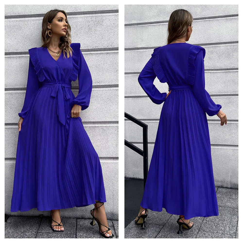 

Elegant V-Neck Solid Color Princess Sleeve Spring Autumn Long Dress For Women 2022 Fashion Chic Party Loose Pleated Robe Female