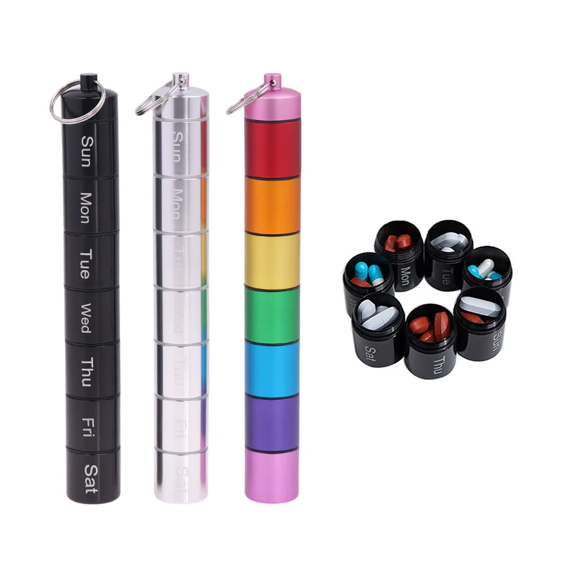 

Металлическая Недельная коробка для таблеток, разделенная в течение 7 дней, современный брелок для сумки, водонепроницаемый органайзер для ...