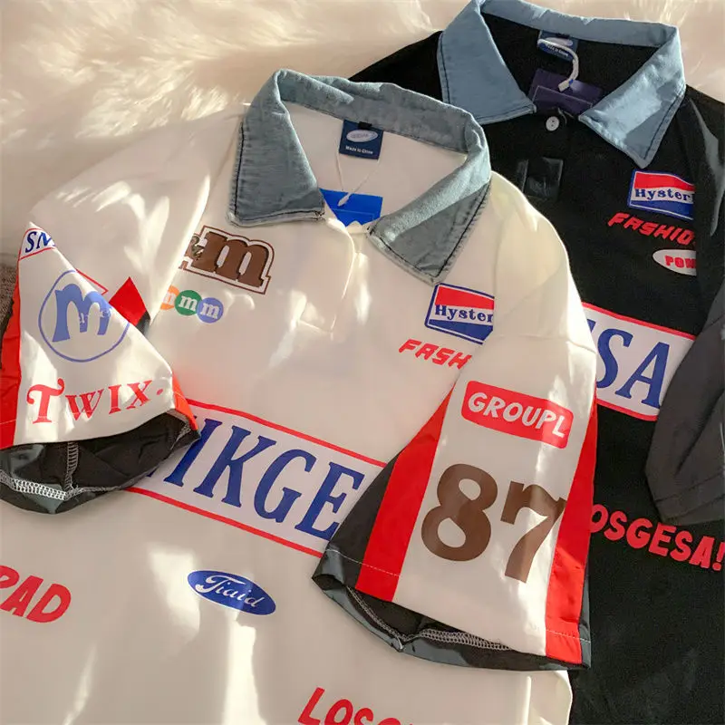

2022 Hip Hop Baseball POLO Neck Graphic T Shirts Retro Letter Badge Tee Tops Oversized Men Women Harajuku Summer Large 2XL Teens