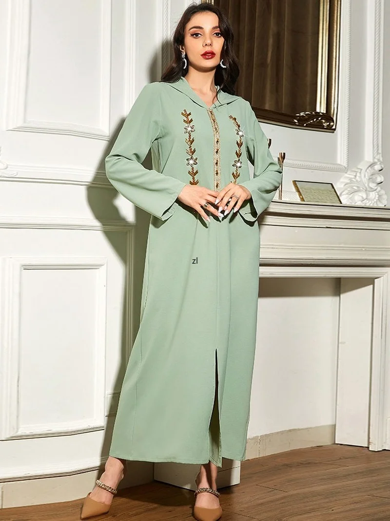 Eid Abaya Moroccan Hooded Caftan Women Handsewn Rhinestones Arab Long Dress Muslim Dubai Saudi Party Abayas Ramadan Kaftan 2022