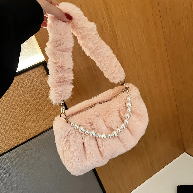 

Advanced Velvet Women's Handbag Zipper Solid Color Pearl Handheld Armpit Bag Fashion Texture Female Shoulder Bag