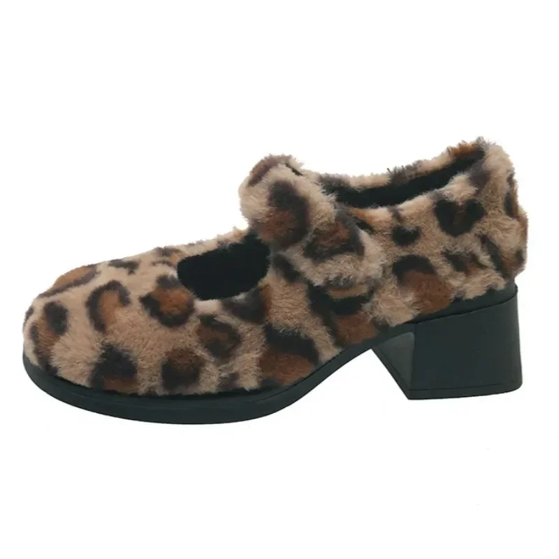 Туфли Мэри Джейн с леопардовым мехом женские модные теплые хлопковые туфли на