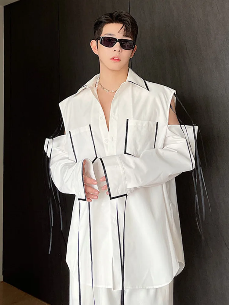 

SYUHGFA 2022 Spring Autumn Tassel Off Shoulder Long Sleeve Shirt Two Pockets Loose Casual Korea Style Tops Shirts Men Clothing
