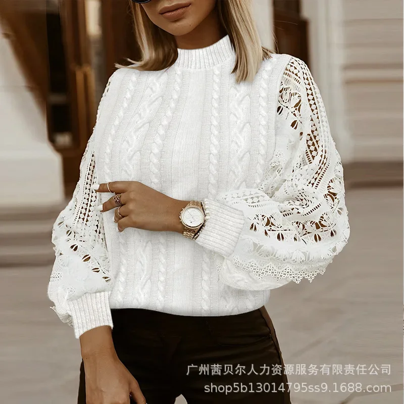 Urope и США модный однотонный вязаный пуловер с принтом полым узором