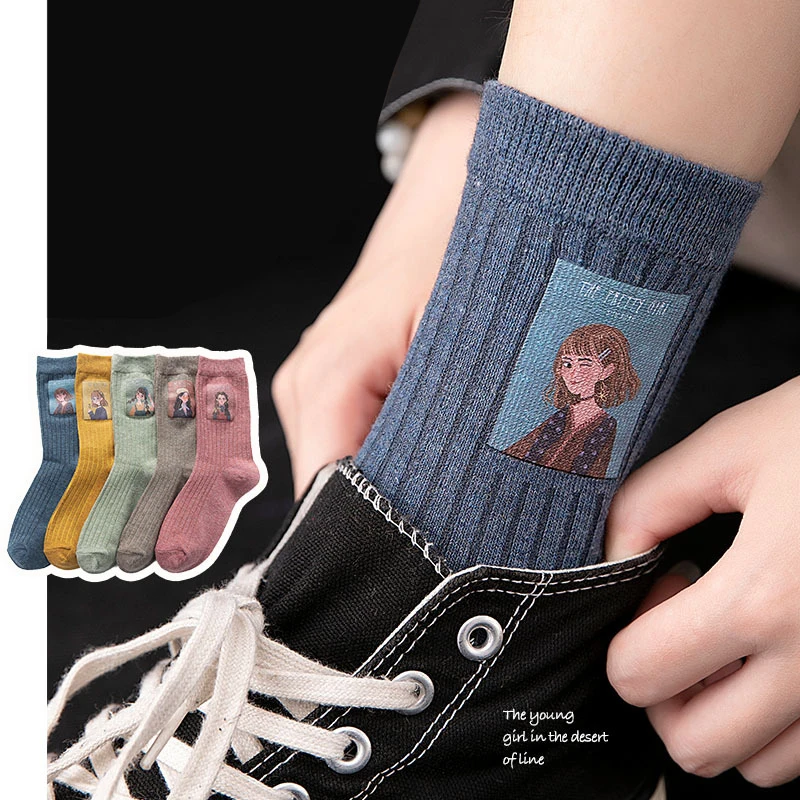 Cotton Women Long Socks 2023 Autumn Breathable Deodorant  New Cute Cartoon Fashion Brief Wild Trend Motion Cotton Women Socks