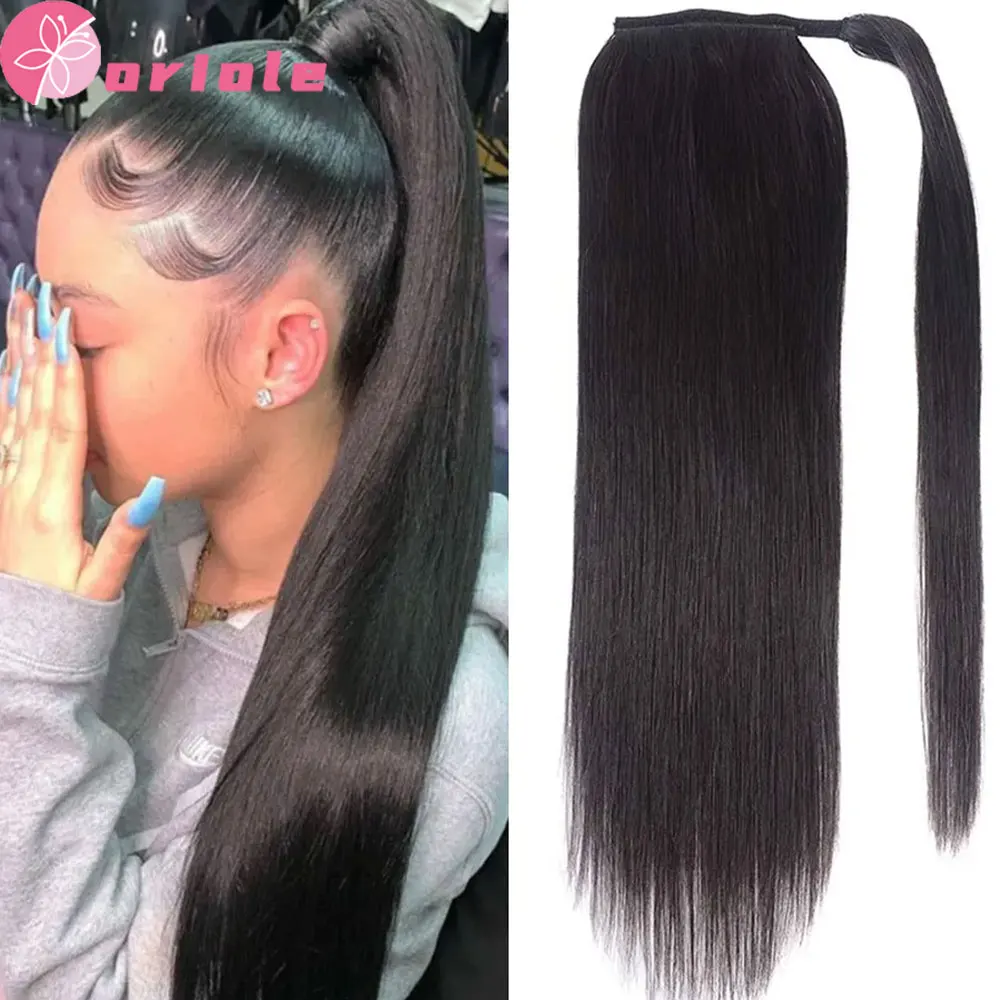 Straight  Ponytail 8 To 32 Inches Machine Made Magic Wrap Around Clip In Ponytail Black Remy Brazilian Human Hair Extension