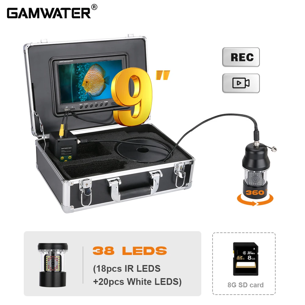 

9-дюймовый видеорегистратор, подводная камера, рыболокатор, IP68, водонепроницаемая, с 38 светодиодами, вращающаяся на 360 градусов камера для озерной/морской/подледной рыбалки