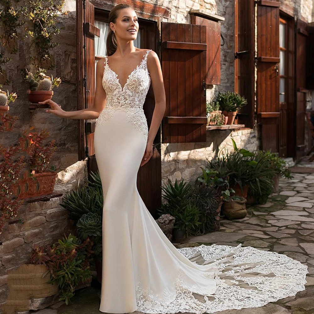 

Sexy Wedding Dresses V Neck Sleeveless Mermaid Wedding Dress Elegant Lace Applique Backless Tulle Bridal Gowns Vestido De Noiva