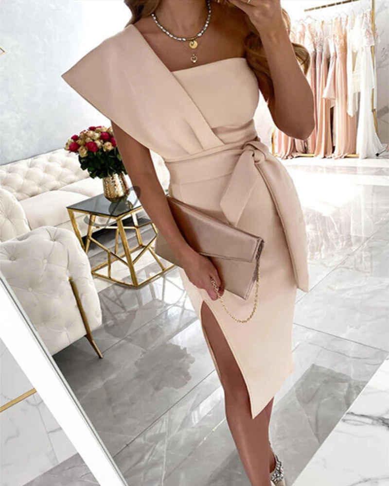 

Women Elegant Sashe Slim Party Dress Casual Fashion Commute Lady Bodycon Dress Vintage Sexy One-Shoulder Slit Midi Dress Vestido