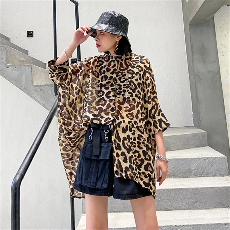 

Vintage Streetwear Leopard Chiffon Bat Half Sleeve Stand Collar Shirt 2022 Summer Women Japan Korean Big Size Tops Blouse 0283