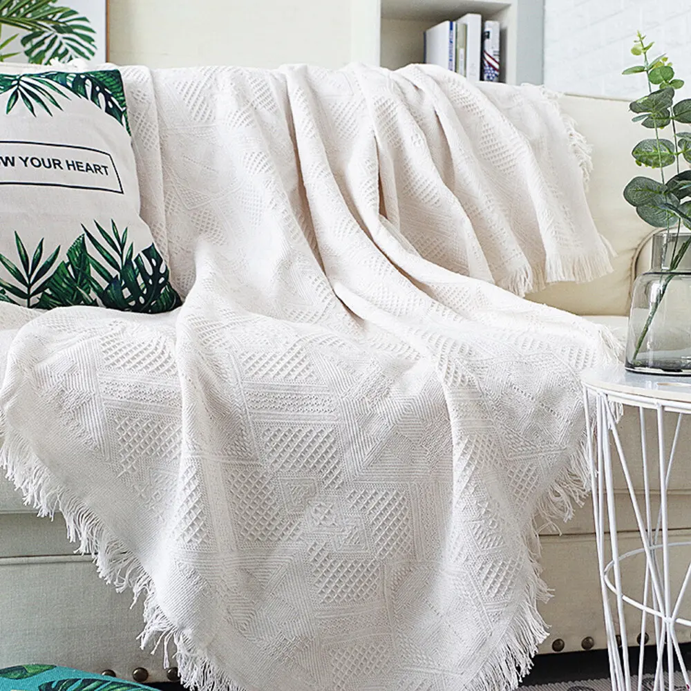 

Home Hotel Pure Cotton Bedding Office Sofa Knitted Cover Blanket With Tassel Tapestry For Bed Airplane Travel Decor Blankets
