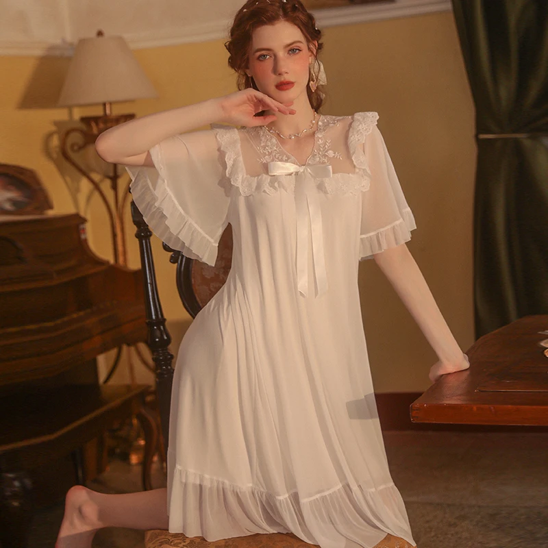 

White Deep V Lace Embroidery Court Short Sleeve Dress Sleeping Long Nightgown Female Sexy Sleepwear Night Homewear Nightdress