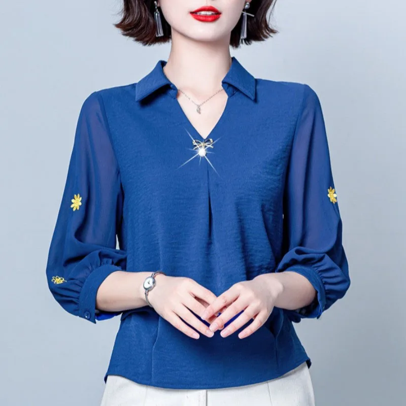 Fashion V-Neck Spliced Folds Embroidery Chiffon Blouse Women's Clothing 2023 Spring New Oversized Casual Pullovers Korean Shirt