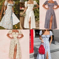 retro printed french floral split dress women 2022 summer sexy backless square neck slim fit strap long dresses casual elegant