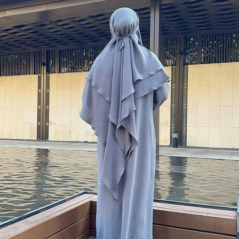 2 Layers Crepe Muslim Ramadan Islamic Clothing Solid Color Long Khimars Prayer Scarf Women Overhead Tie Back Hijab Niqab