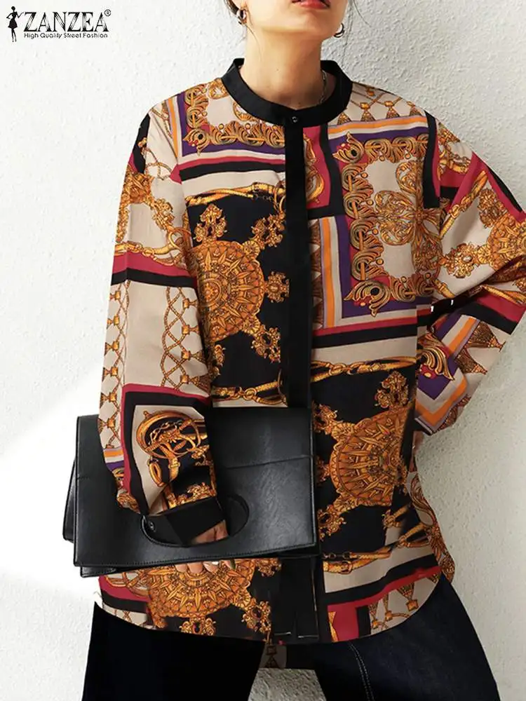 

2022 Spring Bohemia Printed Blouse Women Casual Long Sleeve Shirt ZANZEA Elegant High Low Chemise Irregular Hem Button Tunic Top