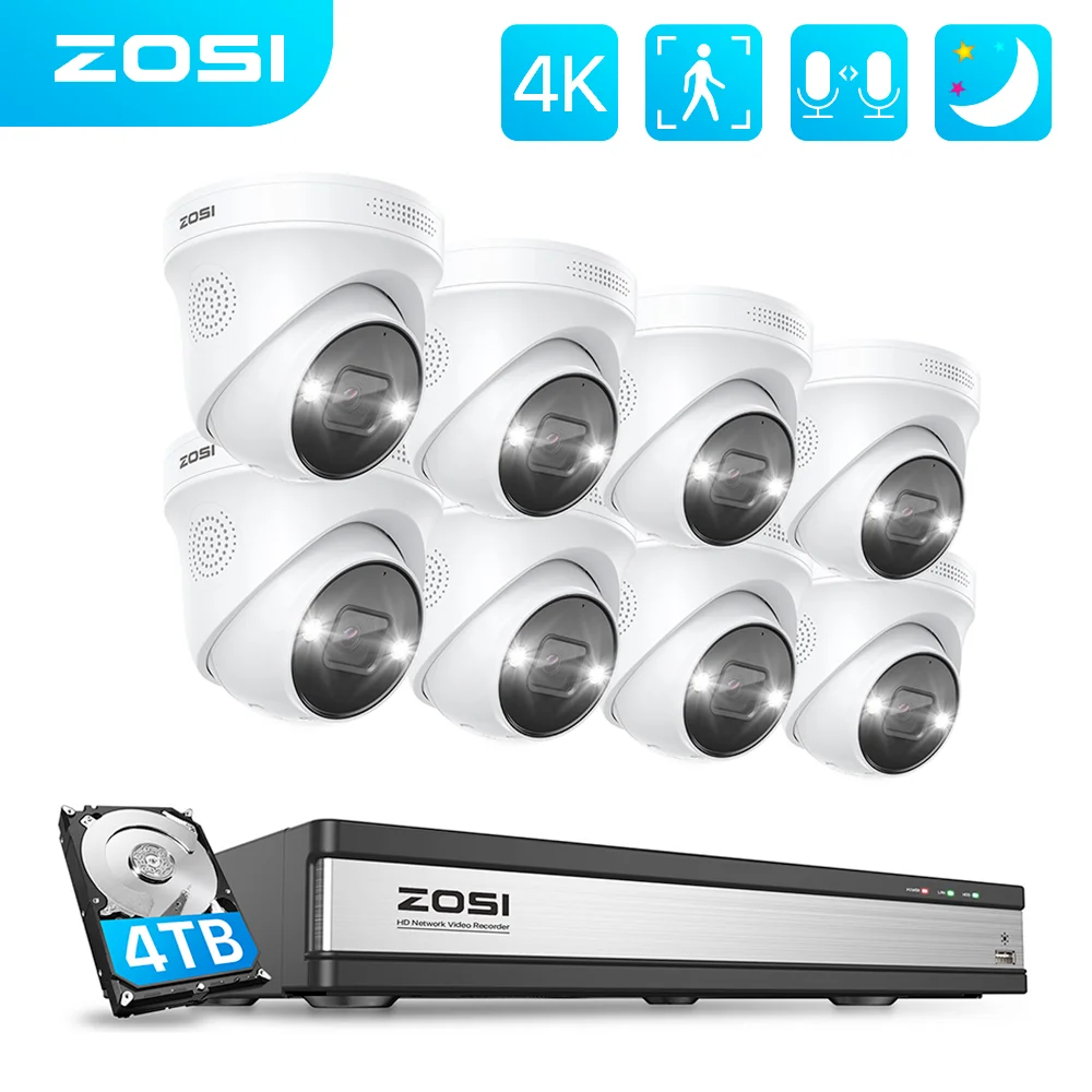 

ZOSI 4k 16CH PoE Security Camera System 8MP Ultra HD Video Surveillance Kit AI Human Detection Two-Way Talk Wired IP Camera Set