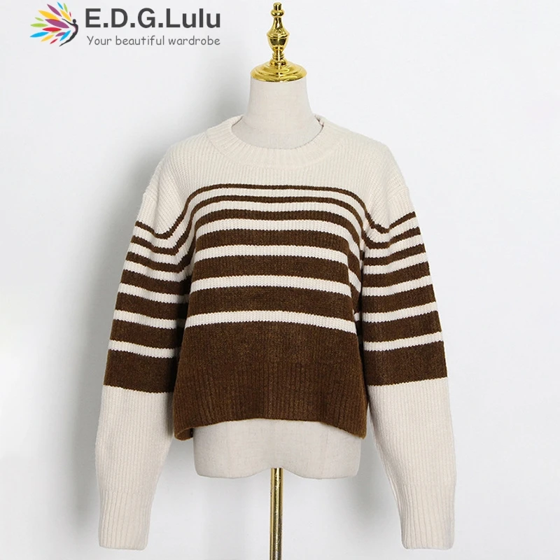 EDGLuLu Новый Полосатый укороченный свитер в Корейском стиле Женский винтажный