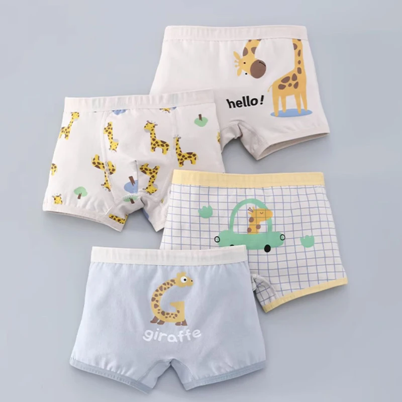 New 4 Pcs/pack Children Panties for Kids Boys Cotton Plaid Underwear Toddler Cartoon Giraffe Boxers Kids Breathable Underpants