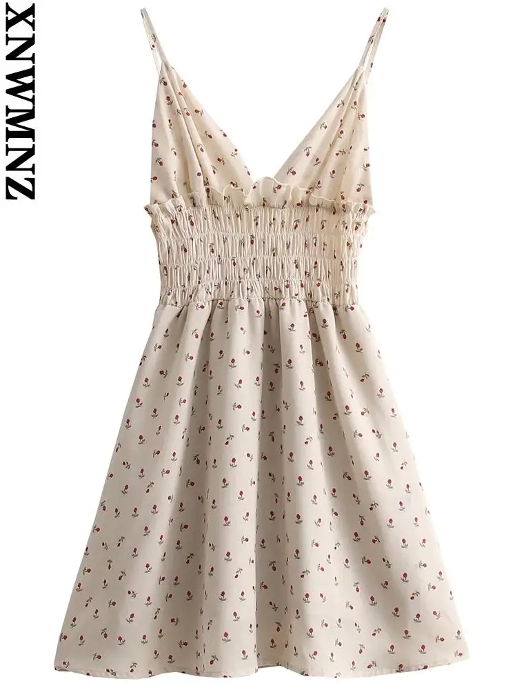 

XNWMNZ Women 2022 fashion french floral print suspenders summer mini dress v neck elastic waist female dresses vestidos mujer