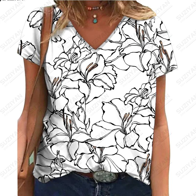 

Женская футболка с коротким рукавом, разноцветная Повседневная футболка с цветочным принтом D и V-образным вырезом, лето 2023