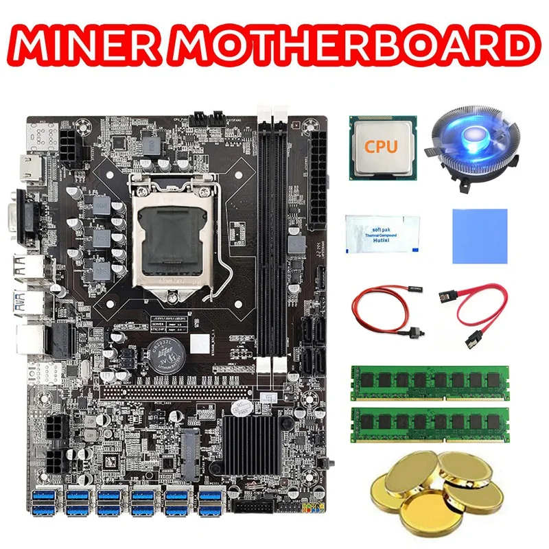 

B75 12USB GPU Miner Motherboard+CPU+2X4G DDR3 RAM+Fan+Thermal Grease/Pad+SATA Cable+Switch Cable LGA1155 BTC Motherboard