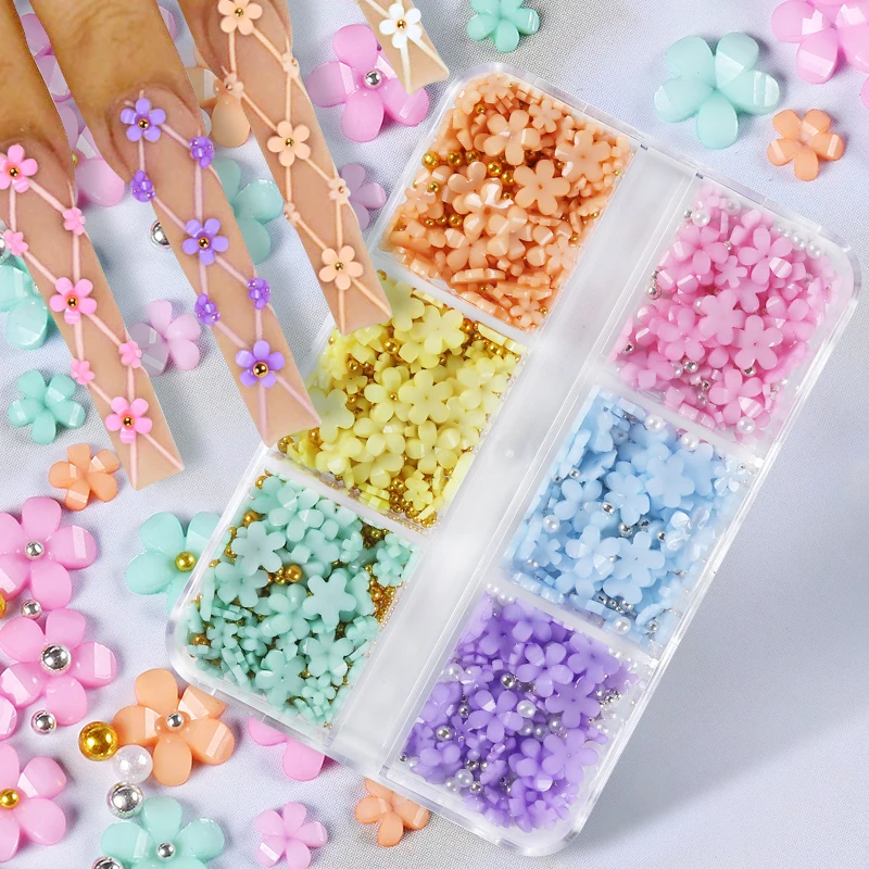 

6 Grids Kawaii Acrylic Flowers Nail Art Decorations Crystals Beads Pearls For Acrylic Nails Accessories Luxury DIY Design Charms