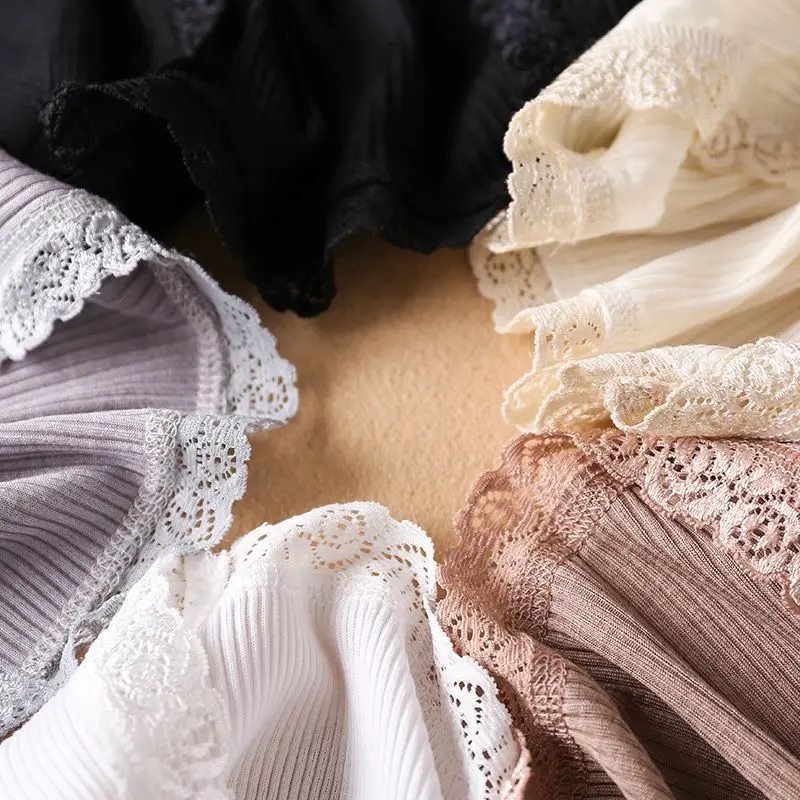 Silk Cotton Thermal Underwear Set Large Round Neck Lace Autumn and Winter Slim Solid Color Long Johns Single Layer Knitted Shirt