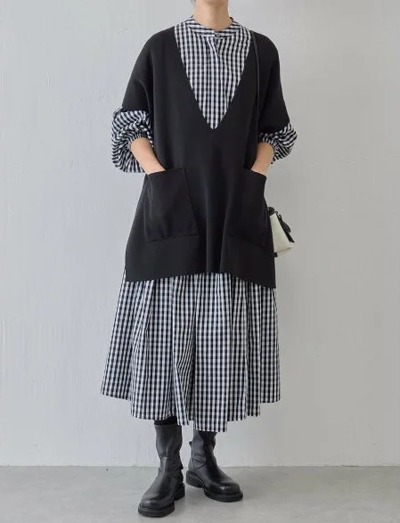 

Женское длинное платье в клетку, повседневное свободное платье-трапеция в японском стиле с круглым вырезом и пуговицами в полоску, весна-осень 2023