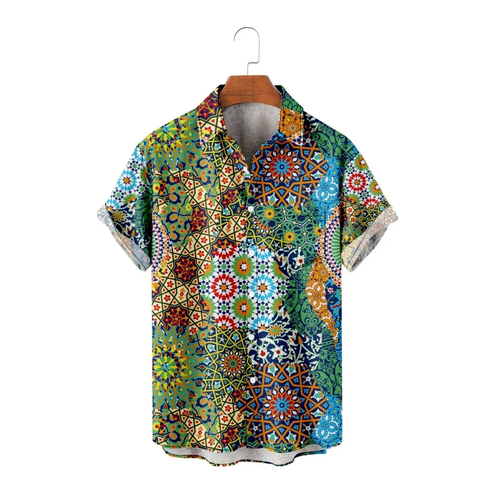 

2022 Pattern Stitching printing loose pocket thin shirt beach couple Hawaiian style short-sleeved all-match shirt-