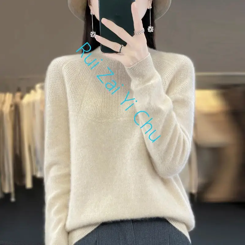 

Women's Winter 100% Pure Wool Sweater O-Neck Pullover Hollow Out Long Sleeve Korean Fashion Knit Pullover Top