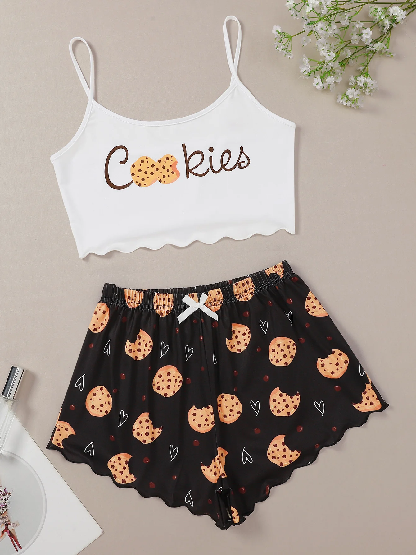 

New Style Lady’s Summer Cartoon Cookies Print Camisole With Silks Shorts Pajama Set Home Wear Sleepwear Underwear
