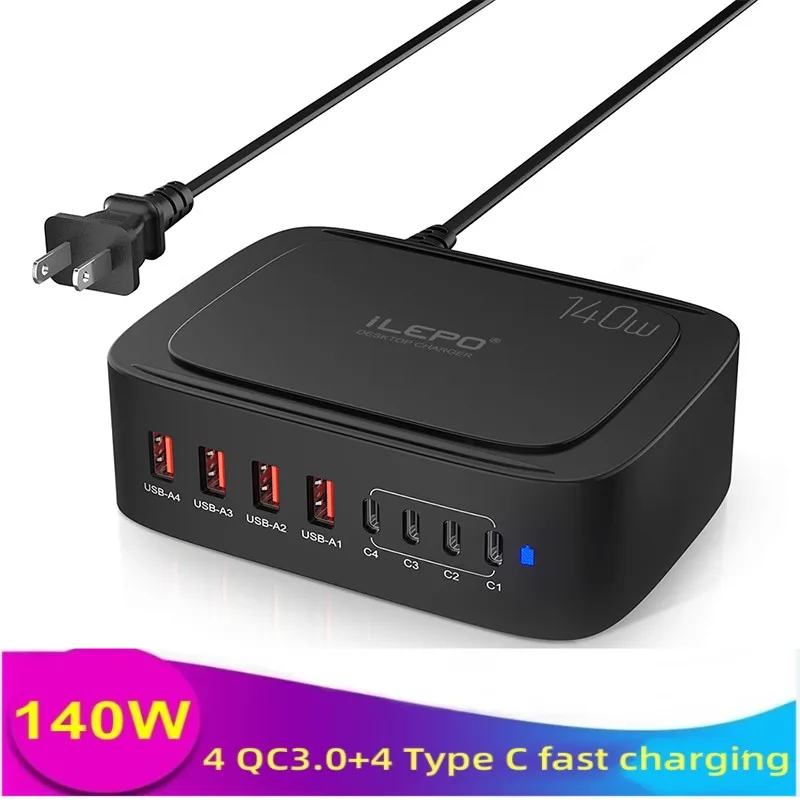 

140W USB Type C Charger Station Desktop Laptop Fast Charger 8 in 1 PPS PD QC Quick Charge for iPhone 14 Pro Max Phone Charger