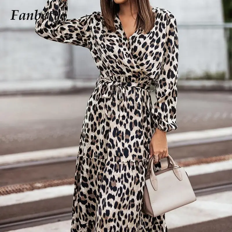 

2022 Female Elegant Lace Up Maxi Party Dresses Casual Long Sleeve Leopard Print Dress Autumn V Neck Long Fashion Dress For Women