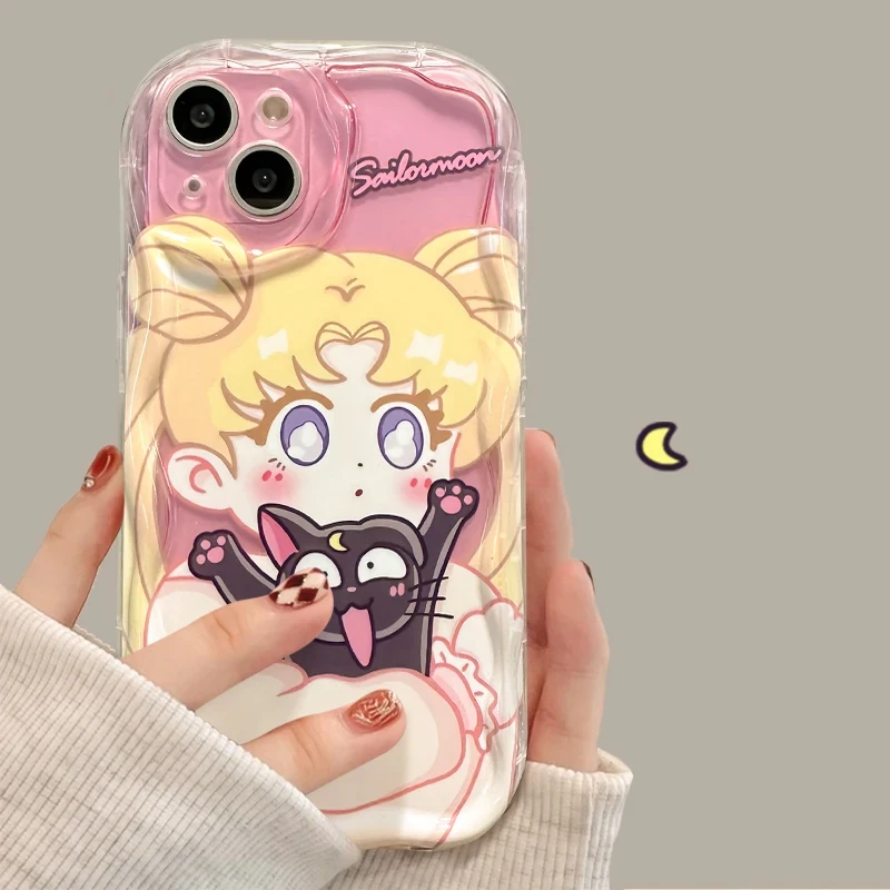 S-Sailors M-Moons 3D Wave Phone Case For Samsung Galaxy S25 S24 S23 S21 S20 FE Plus Ultra 5G Girls Gift Soft Silicone Back Cover