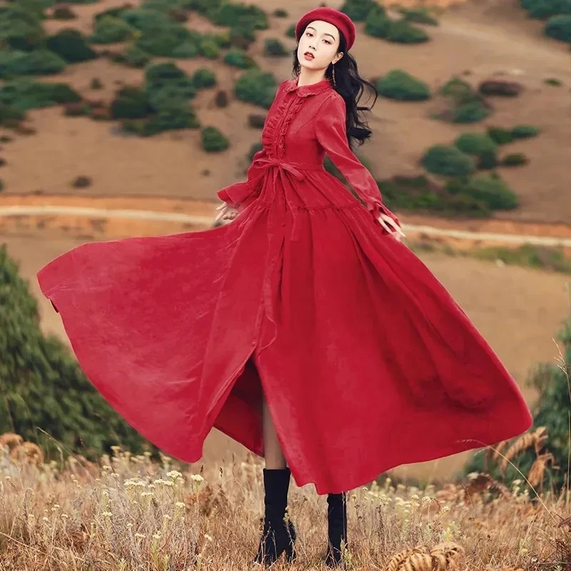 

Красное платье, Новинка осени и зимы, однотонная Вельветовая юбка-трапеция с отложным воротником и длинным рукавом, на шнуровке, Темпераментная Женская одежда A018