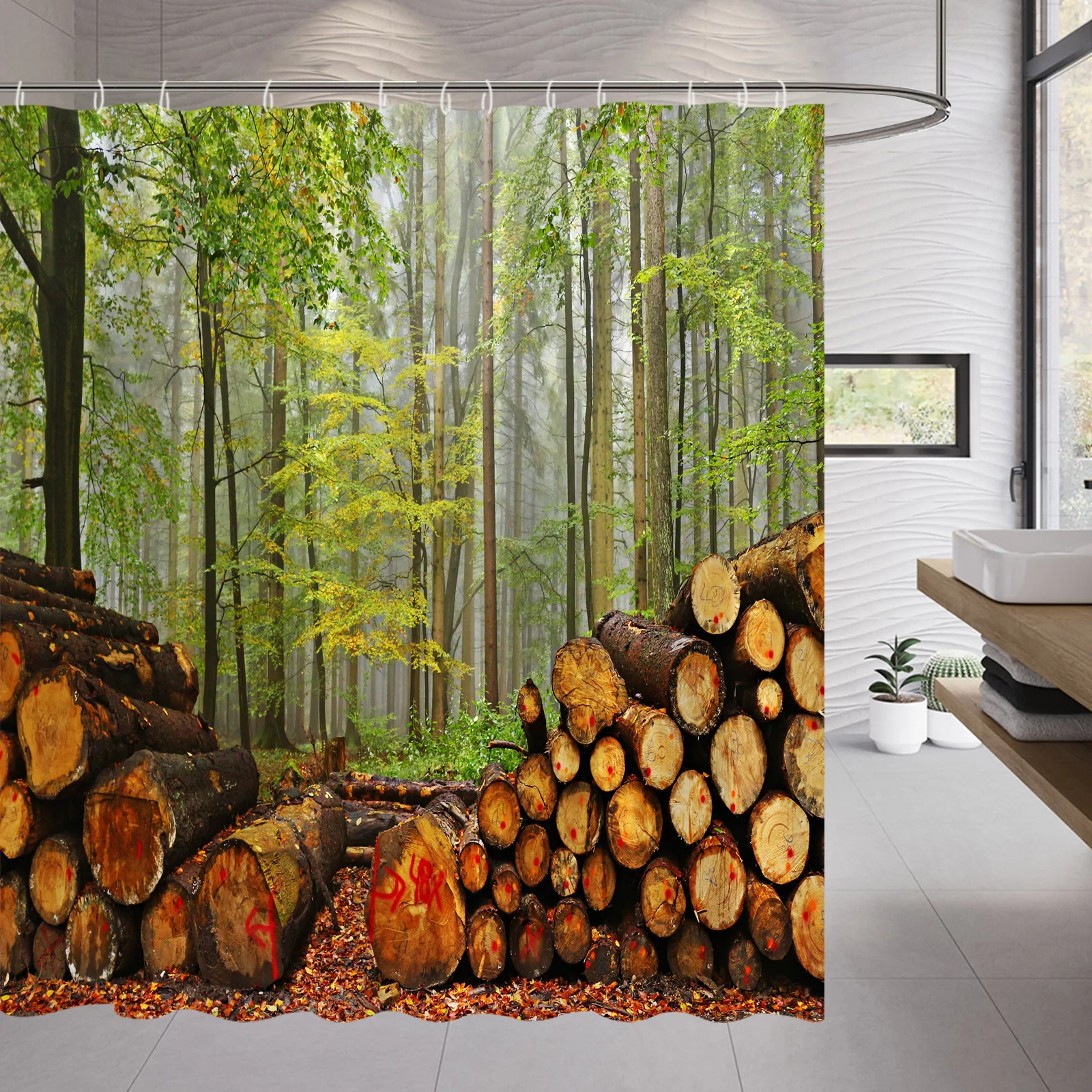 

Forest Landscape Shower Curtain Wood Bridge Green Tree Spring Bathroom Decor Bath Screen Waterproof Curtains Set Natural Scenery