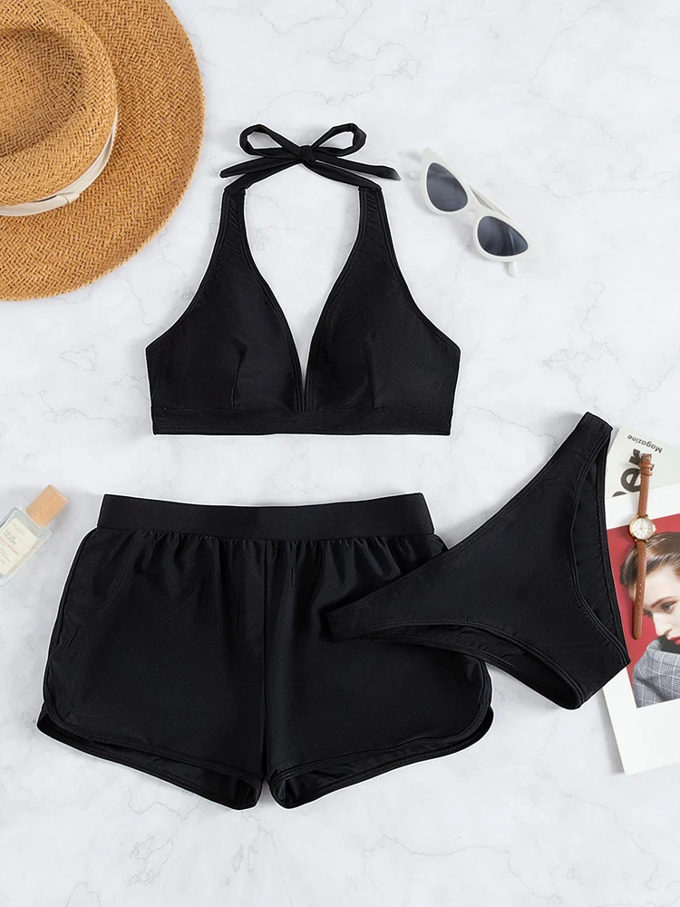 Купальник женский однотонный черный с завышенной талией яркий комплект 2022 новый