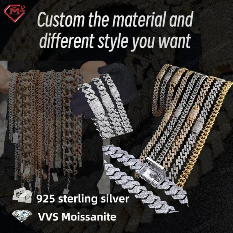 Цепочка с муассанитом в стиле хип-хоп 10 мм стерлинговое серебро 925 пробы цепочка