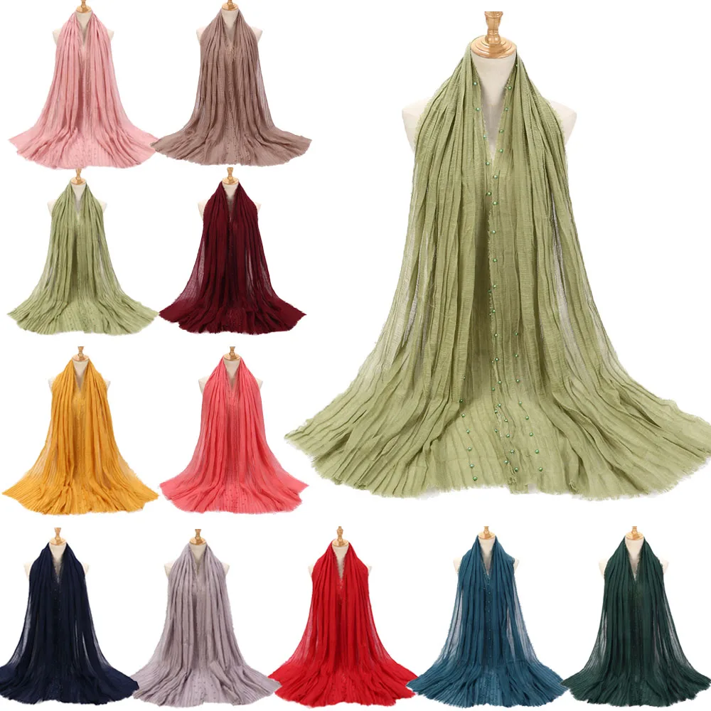 

Muslim Women's Plain Hijab Scarf Fashion Female Cotton Linen Beads High Quality Soft Headscarf Wrap Winter Long Shawls 180x70cm