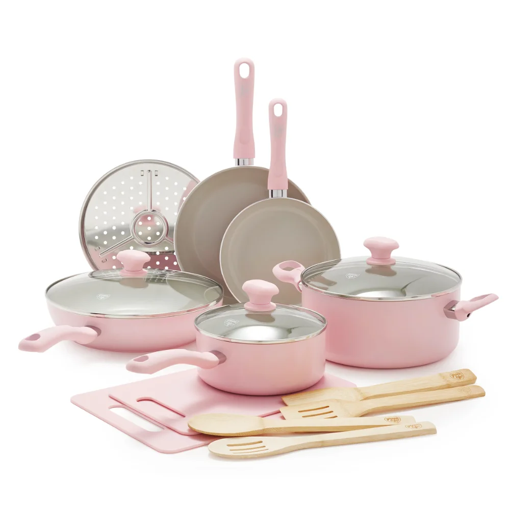 BOUSSAC Ceramic Nonstick cookware Pink 15pc Pot Set
