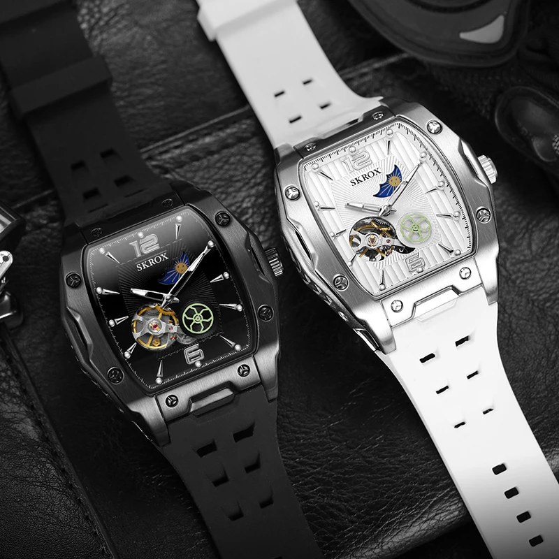 Фото SKROX Роскошные Tonneau Moon Phase Tourbillon с автоматическим механизмом, механические мужские часы высокого качества, водонепроницаемые силиконовые часы в стиле милитари №4